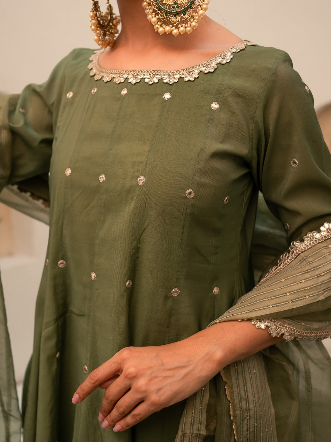 Green Chanderi Anarkali Kurta Set With Dupatta And Pants