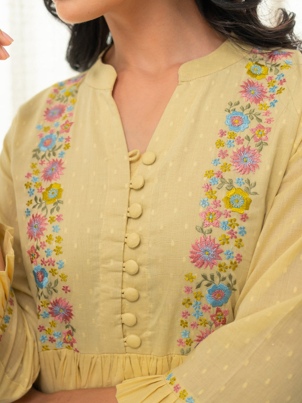 Dobby Pastel Yellow Dress with Embroidery