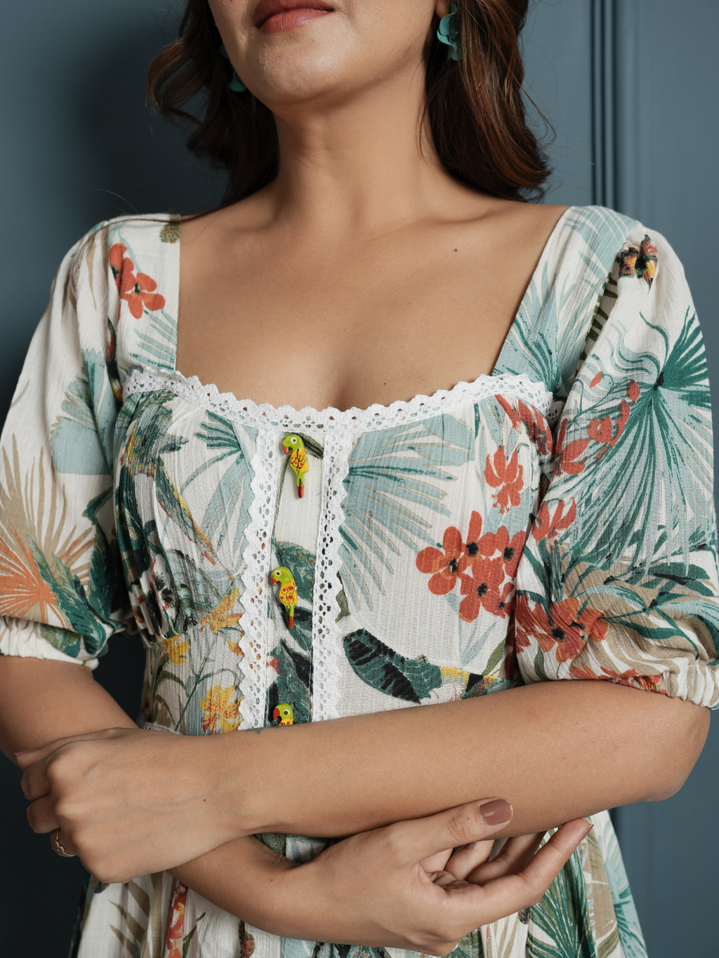 Flower Crinkle Crepe Dress with Lace