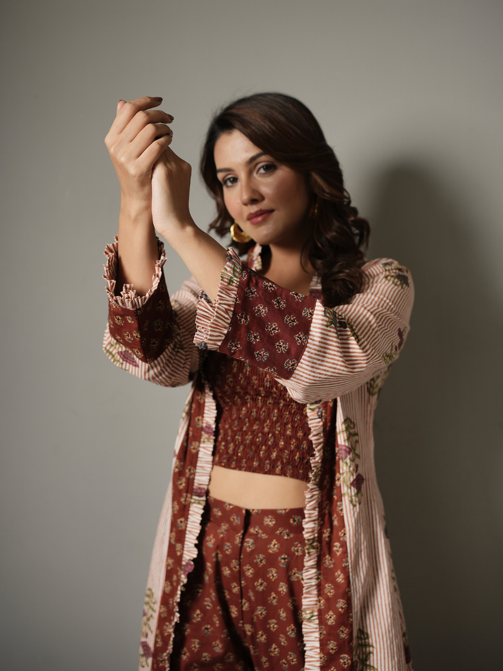 Block Print Crop Top and Pant Co-ord with Shrug