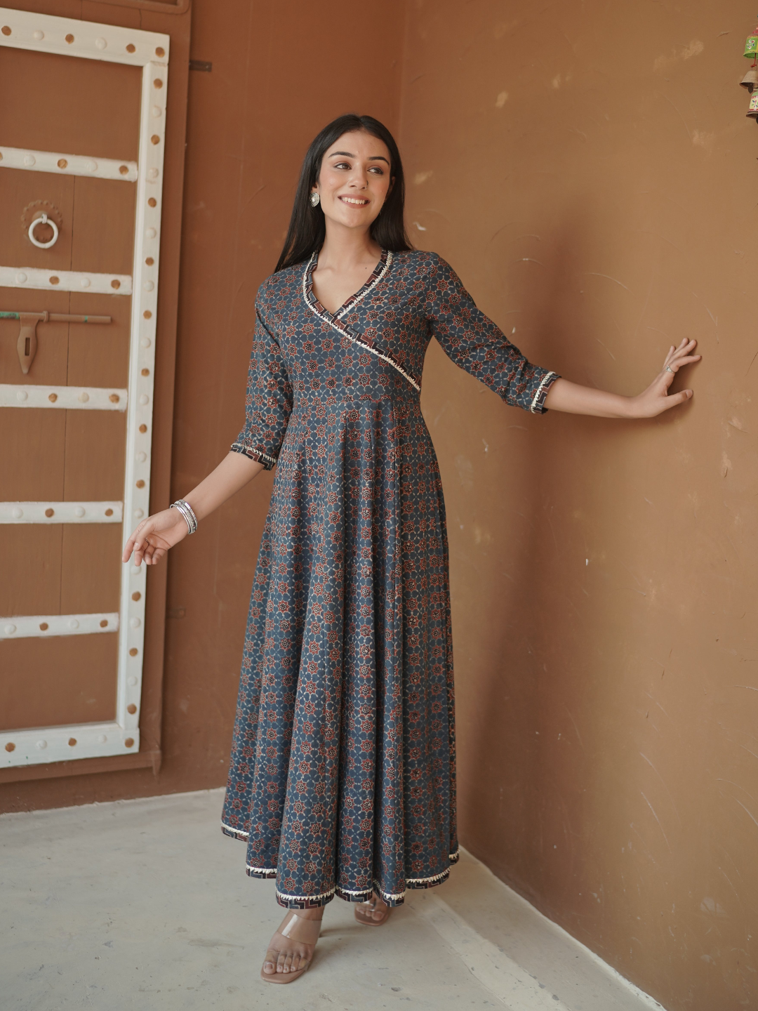 Indigo Ajrakh printed Anarkali Kurta