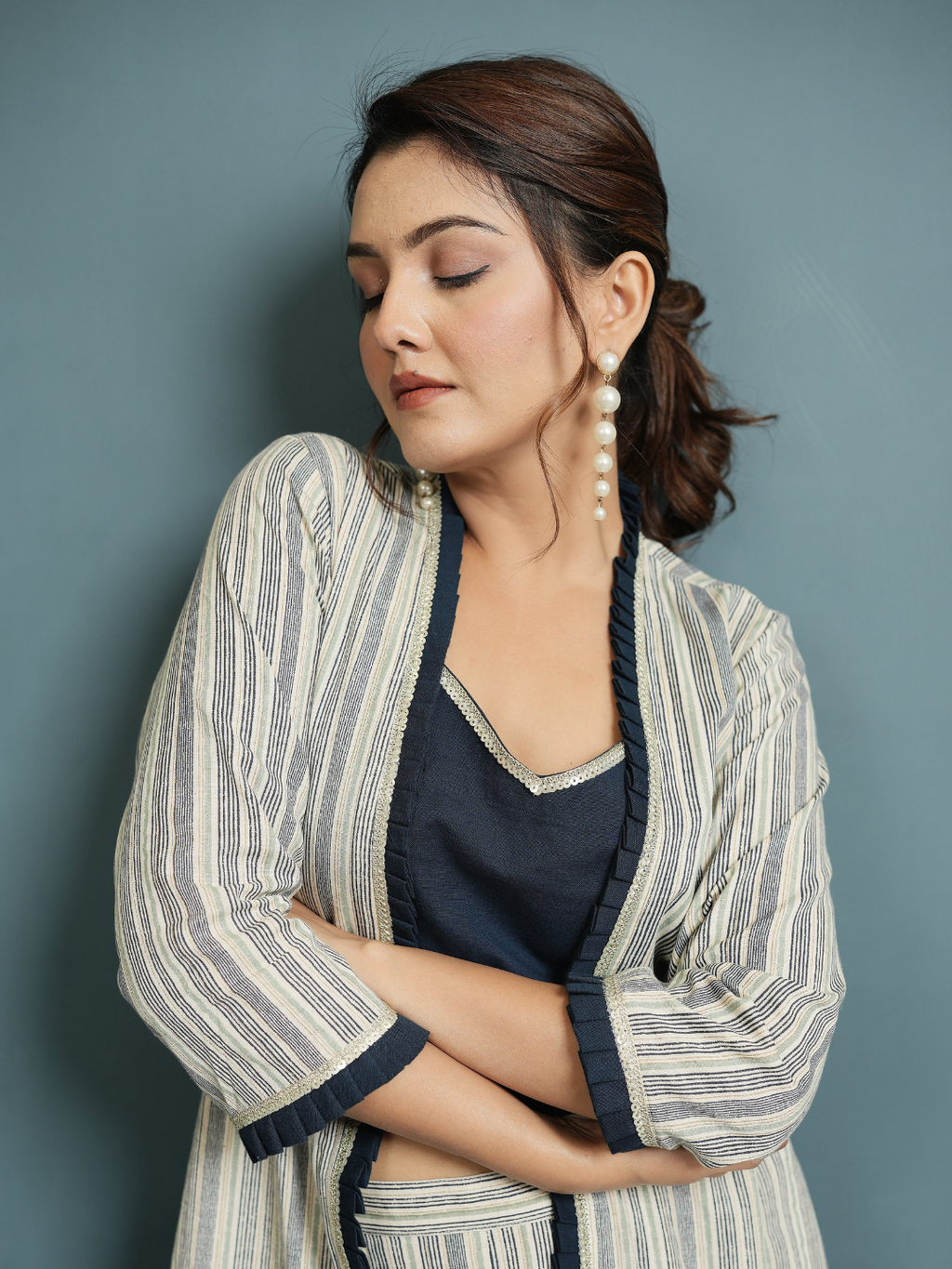 Indigo Crop Top And Pant with Cotton Linen Shrug