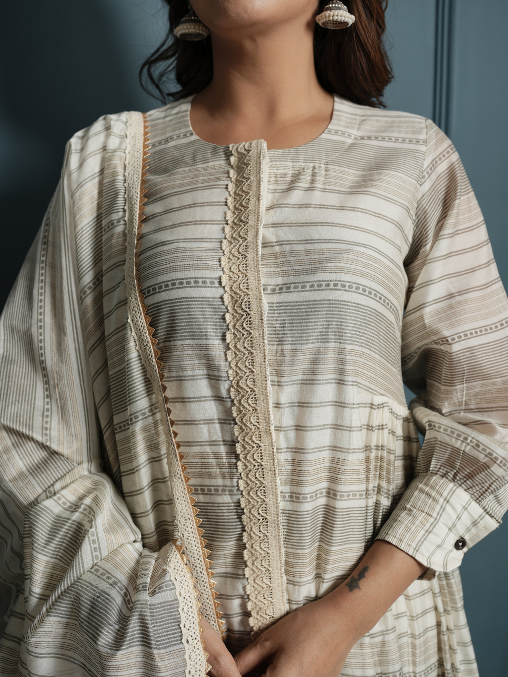 Block Print Golden Stripe Kurta with Pants and Dupatta