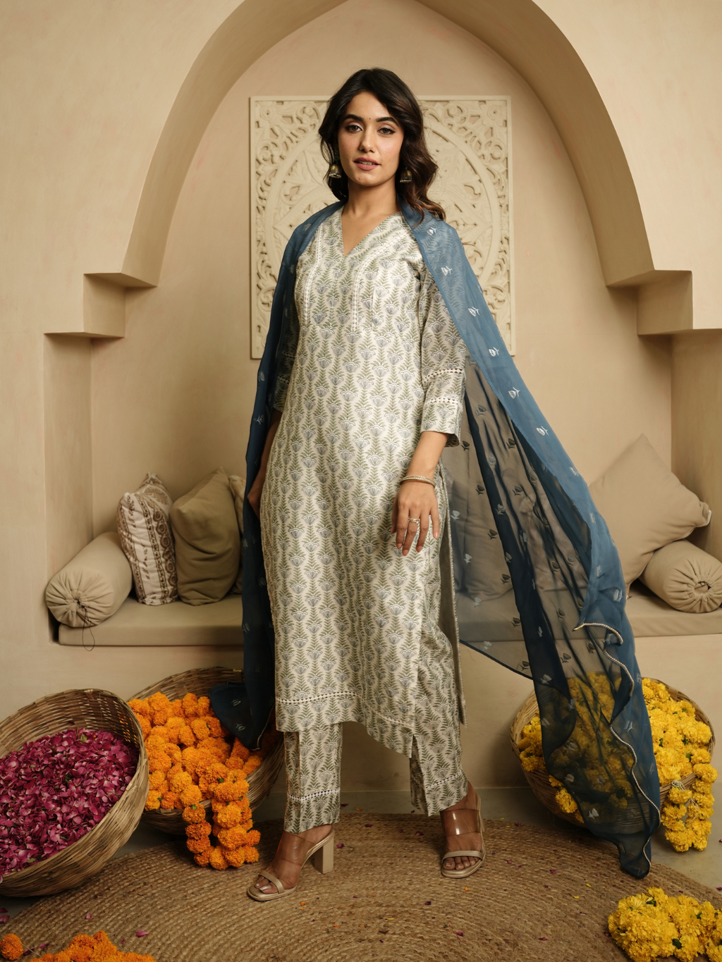 Blue Hand Block Chanderi Kurta Set
