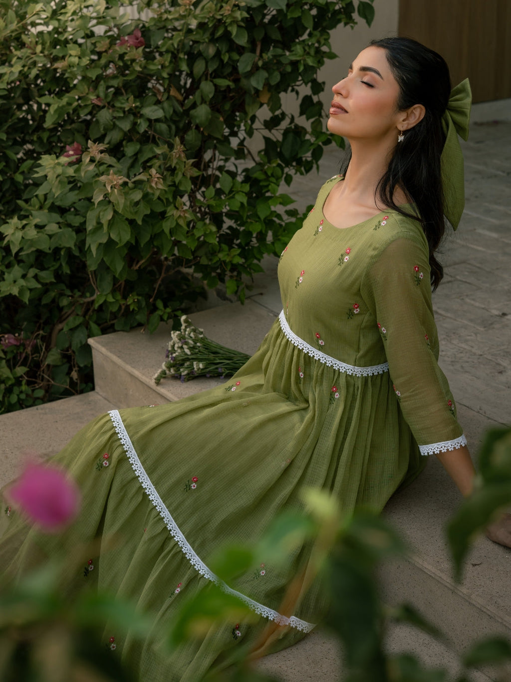 Mint Grace Dress in Kota Doriya Fabric with Embroidery