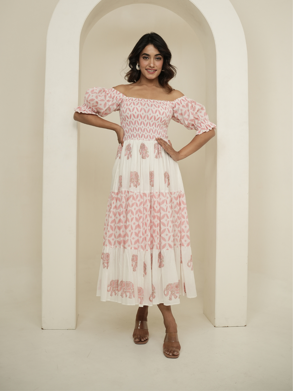 Pastel Pink and White Block Printed Dress