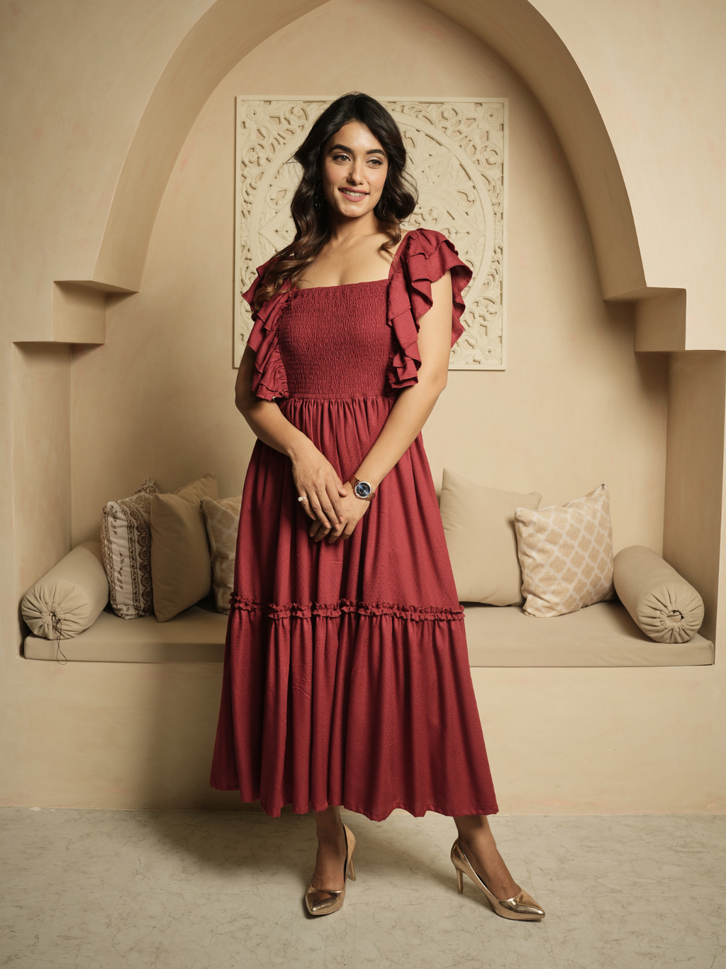 Whimsical Whirl Maroon Dress