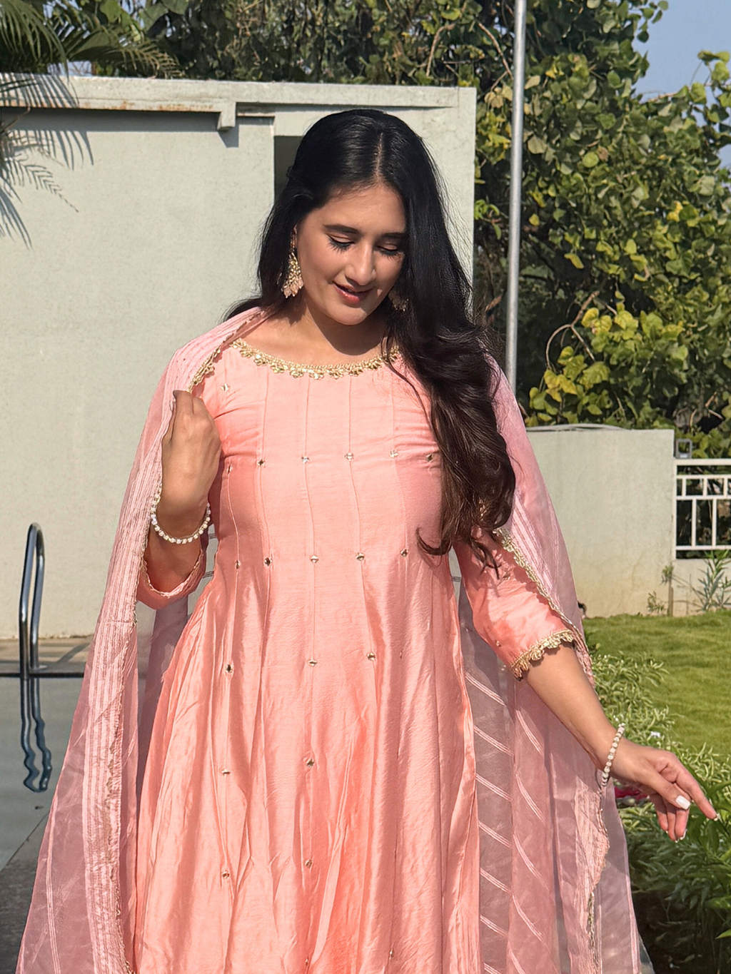 Pink Chanderi Anarkali  Kurta Set With Organza Dupatta