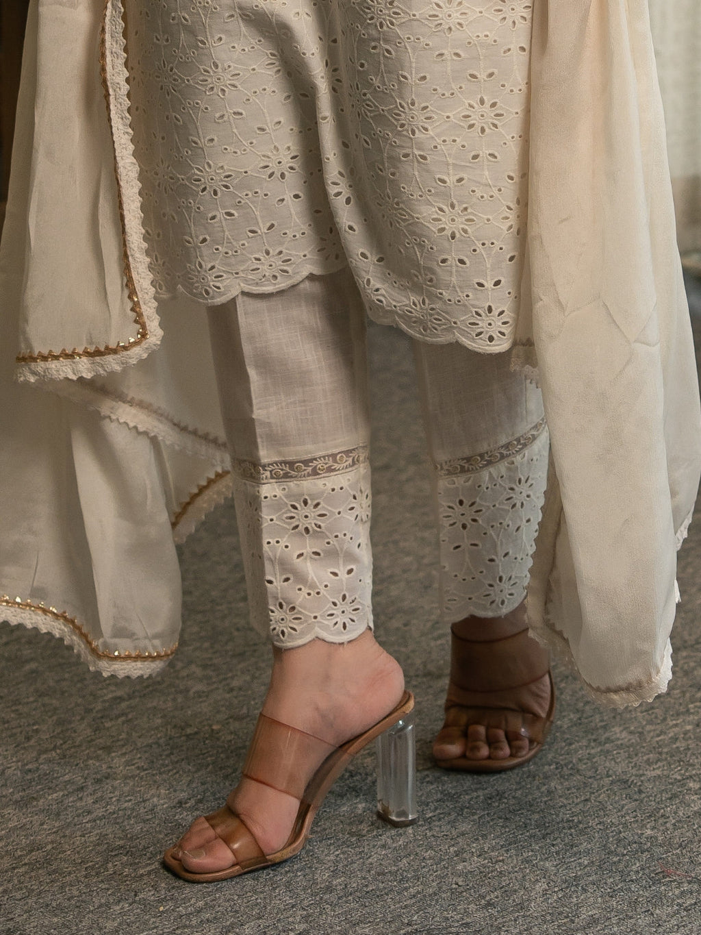 Schiffli Kurta Set with Dupatta and Pants
