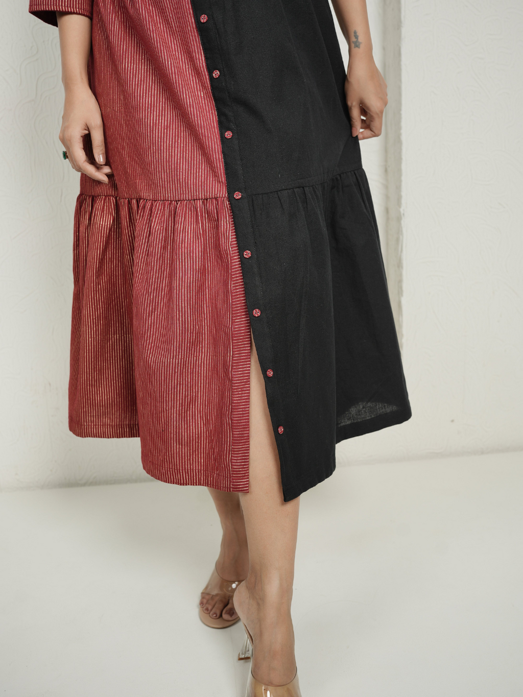 Red Block Print and Black Dress with Detailing