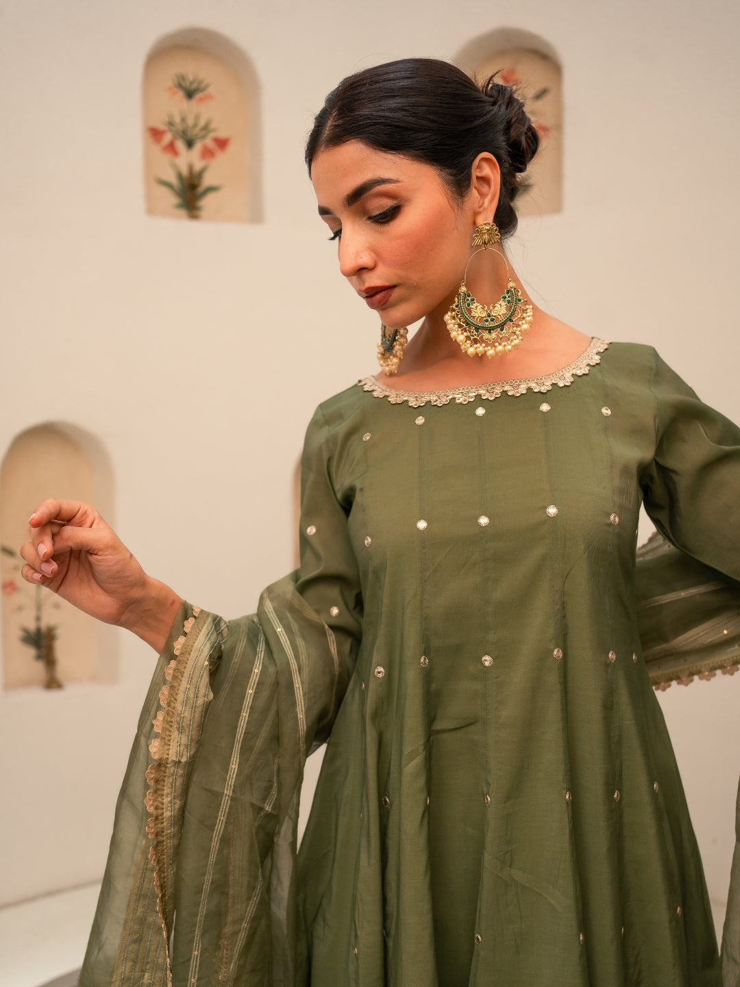 Green Chanderi Anarkali Kurta Set With Dupatta And Pants