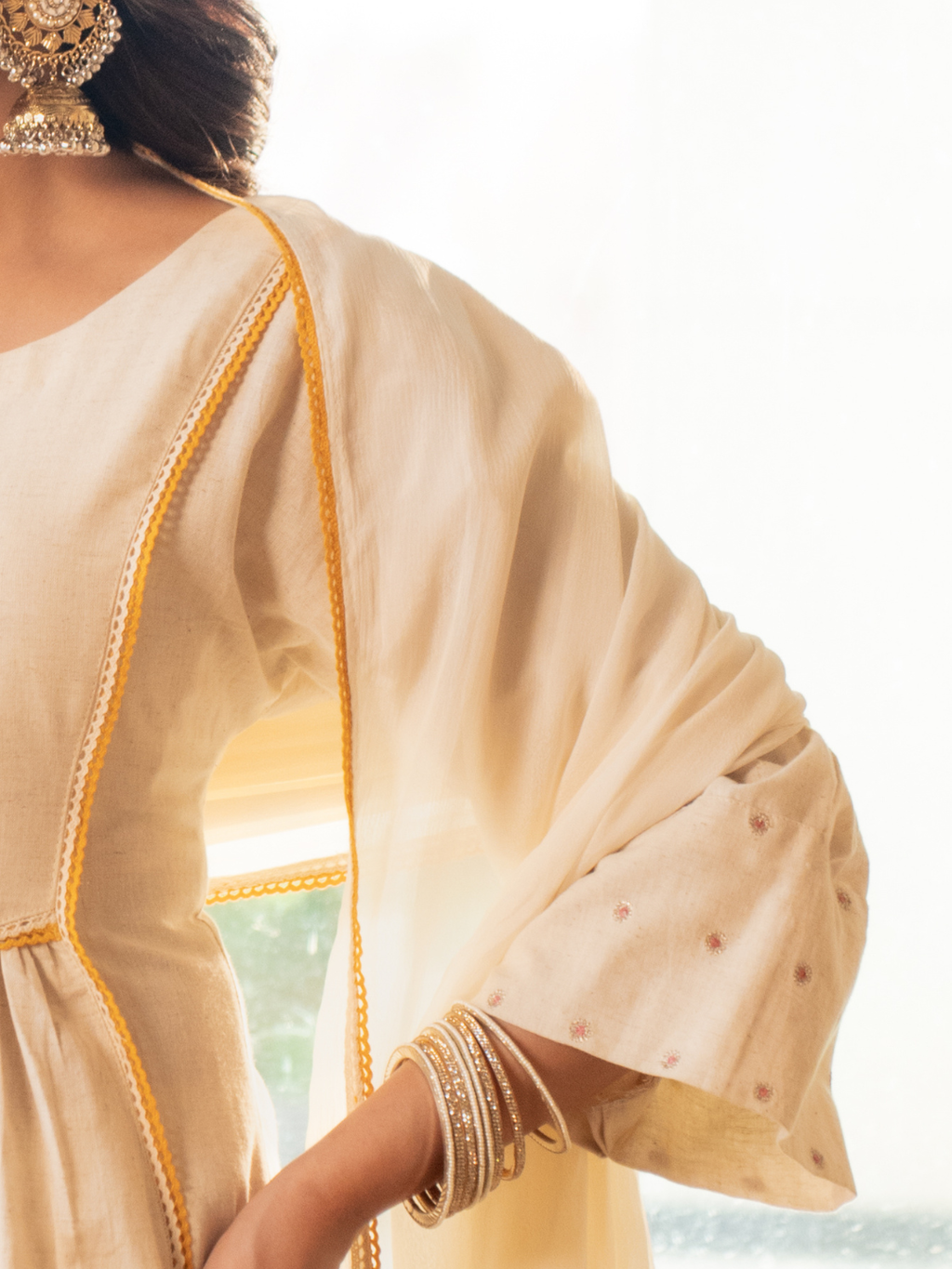 Off White Linen Blend Anarkali  Kurta Set With Embroidery