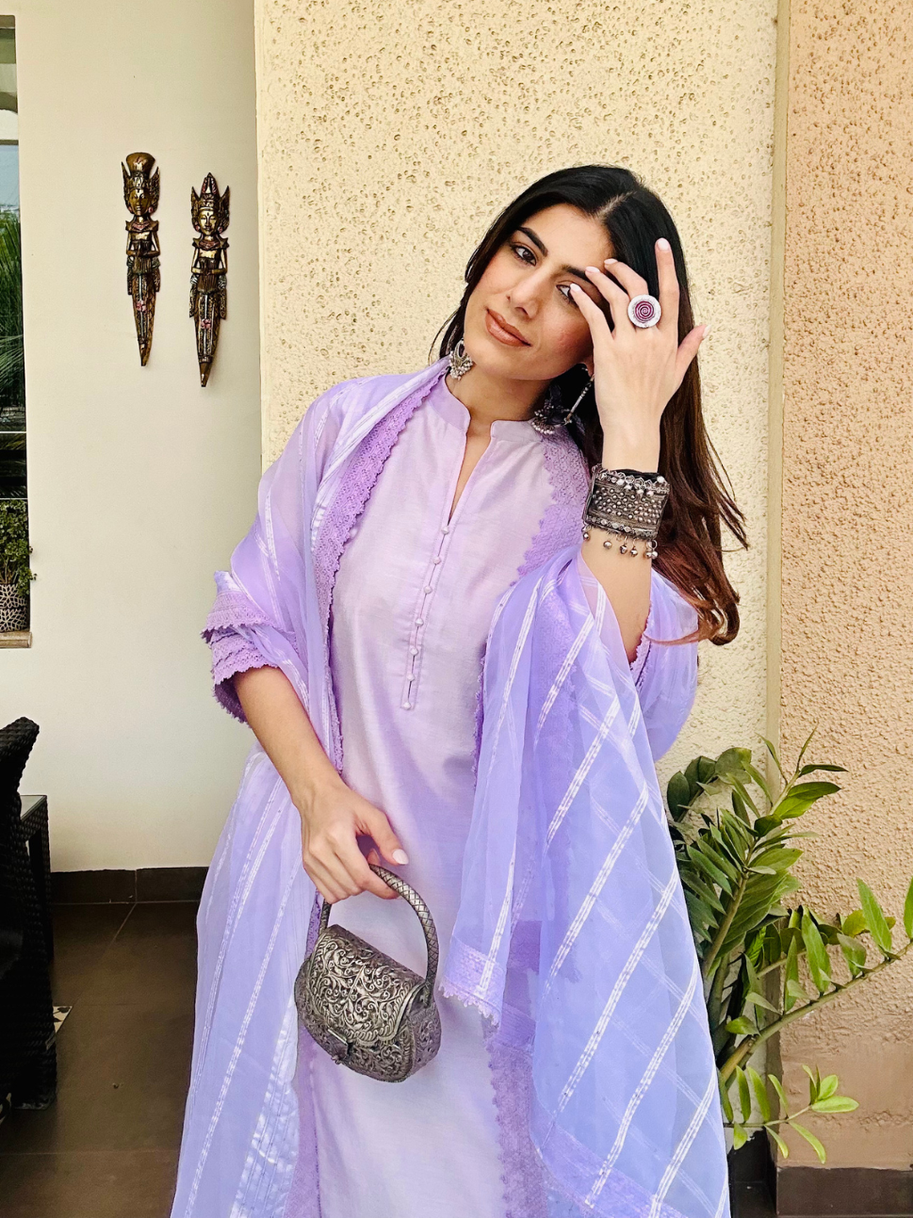 Lilac Chanderi Kurta Set With Dupatta & Pants