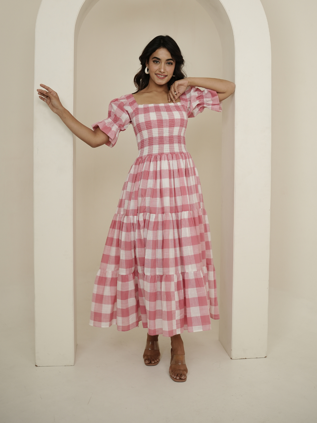 Pink Check Block Printed Dress