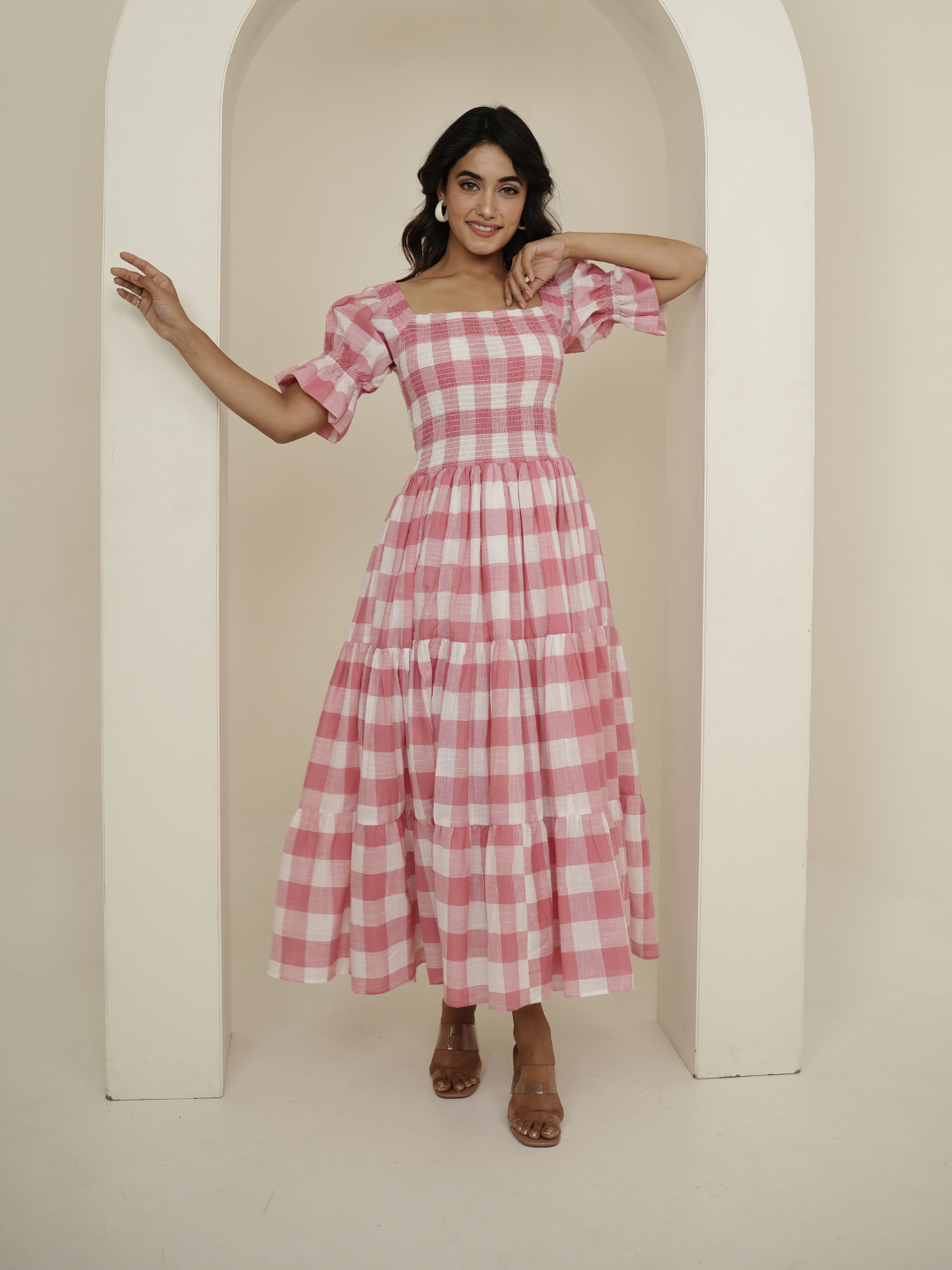 Pink Check Block Printed Dress