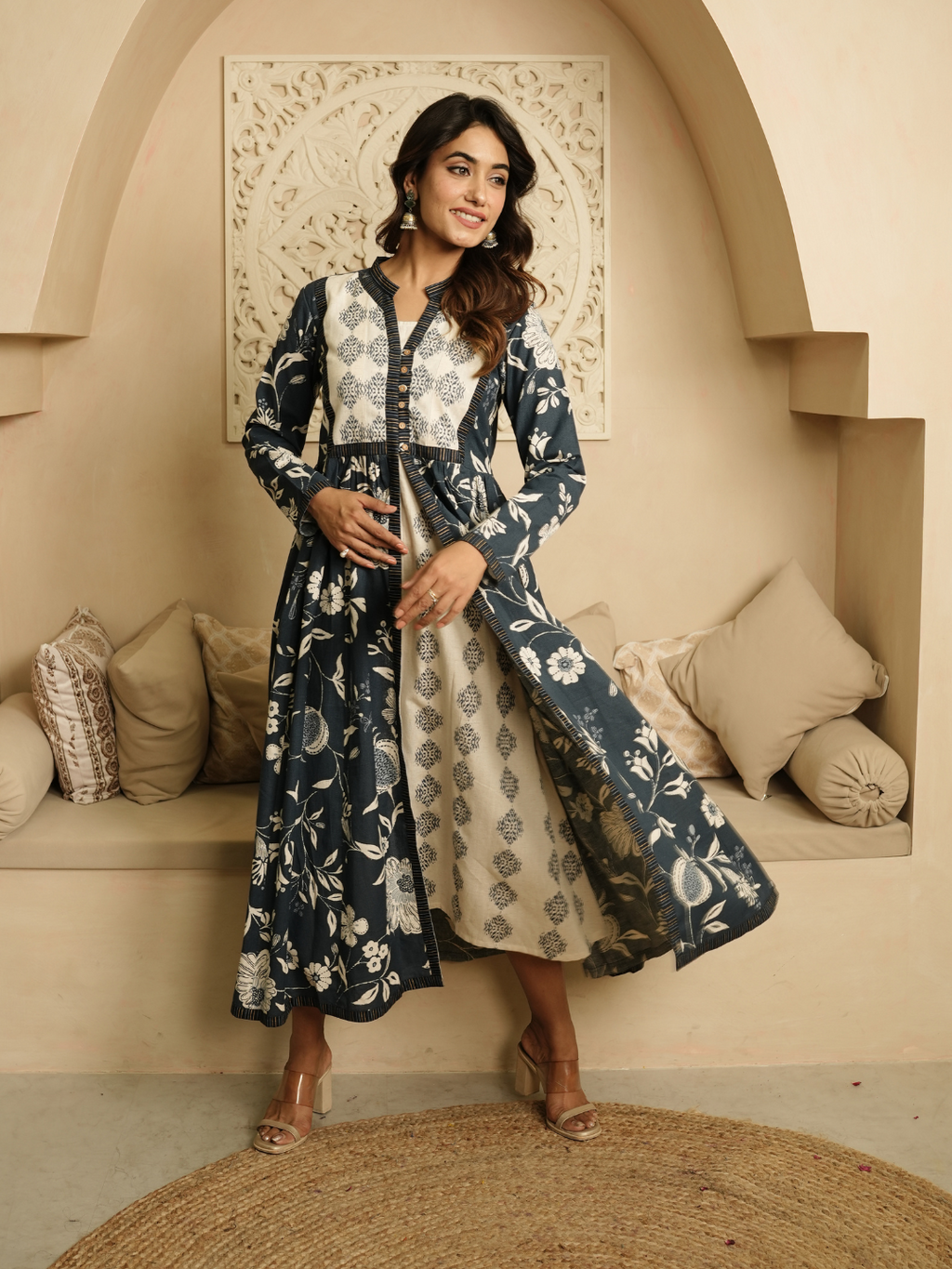 Blue and Beige Block Print Cotton Dress