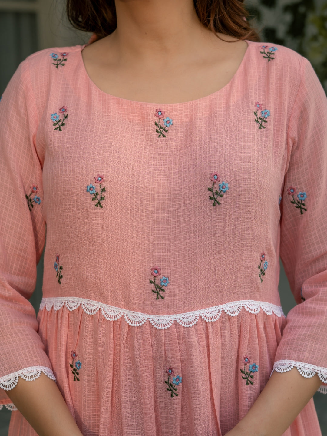 Pink Mist Dress in Kota Doriya Fabric with Embroidery