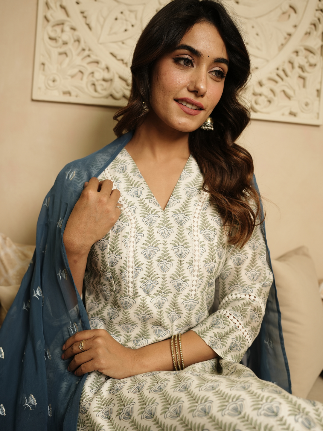 Blue Hand Block Chanderi Kurta Set