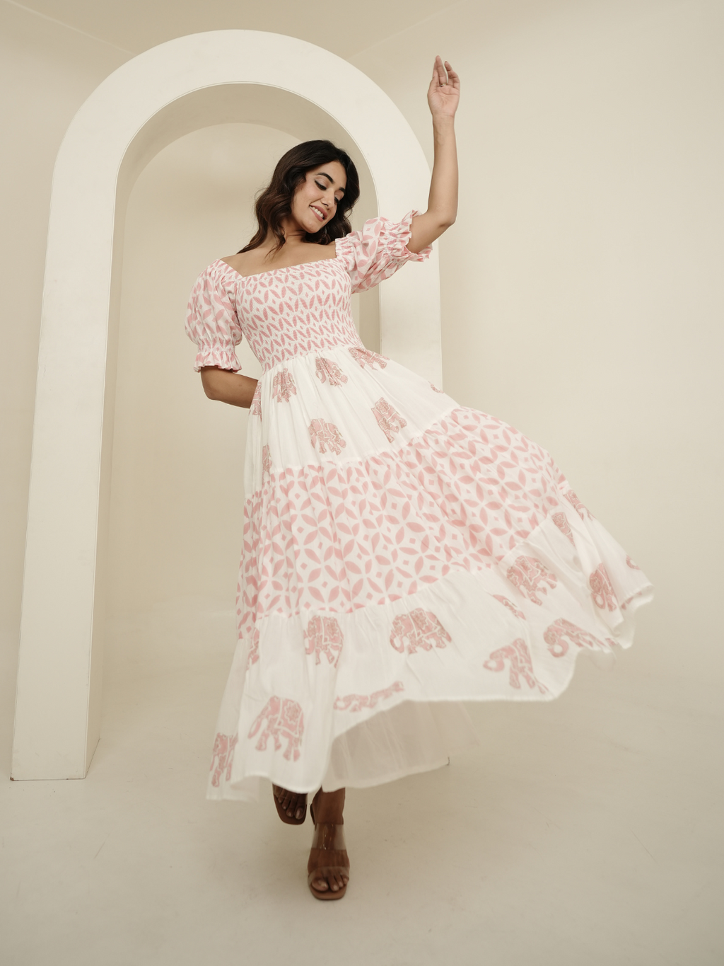 Pastel Pink and White Block Printed Dress