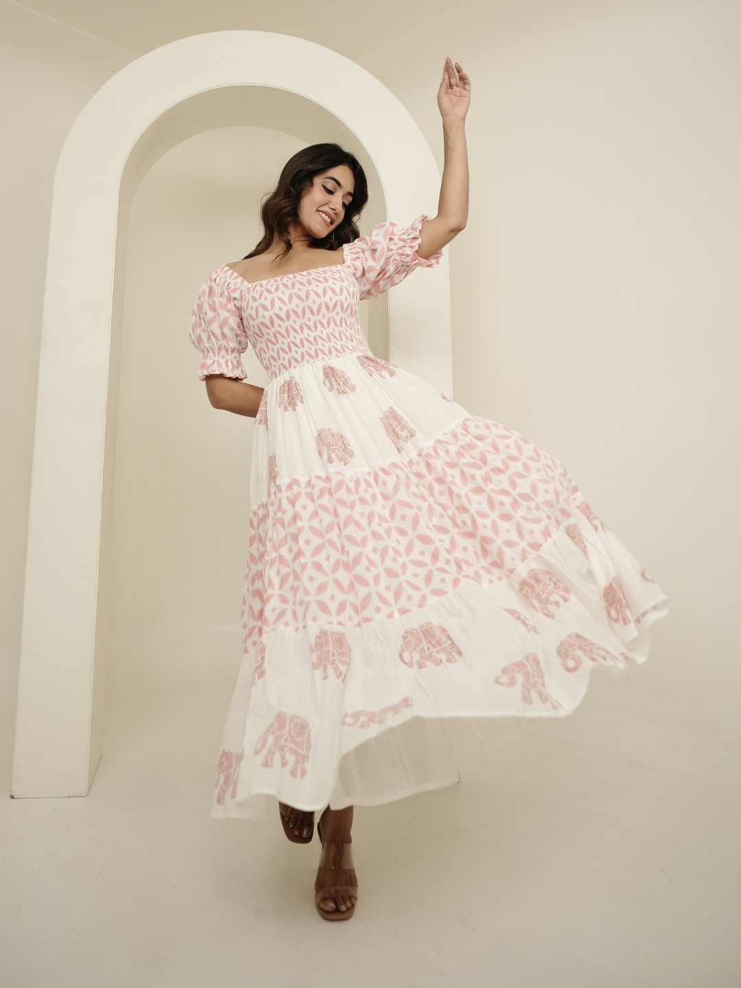 Pastel Pink and White Block Printed Dress