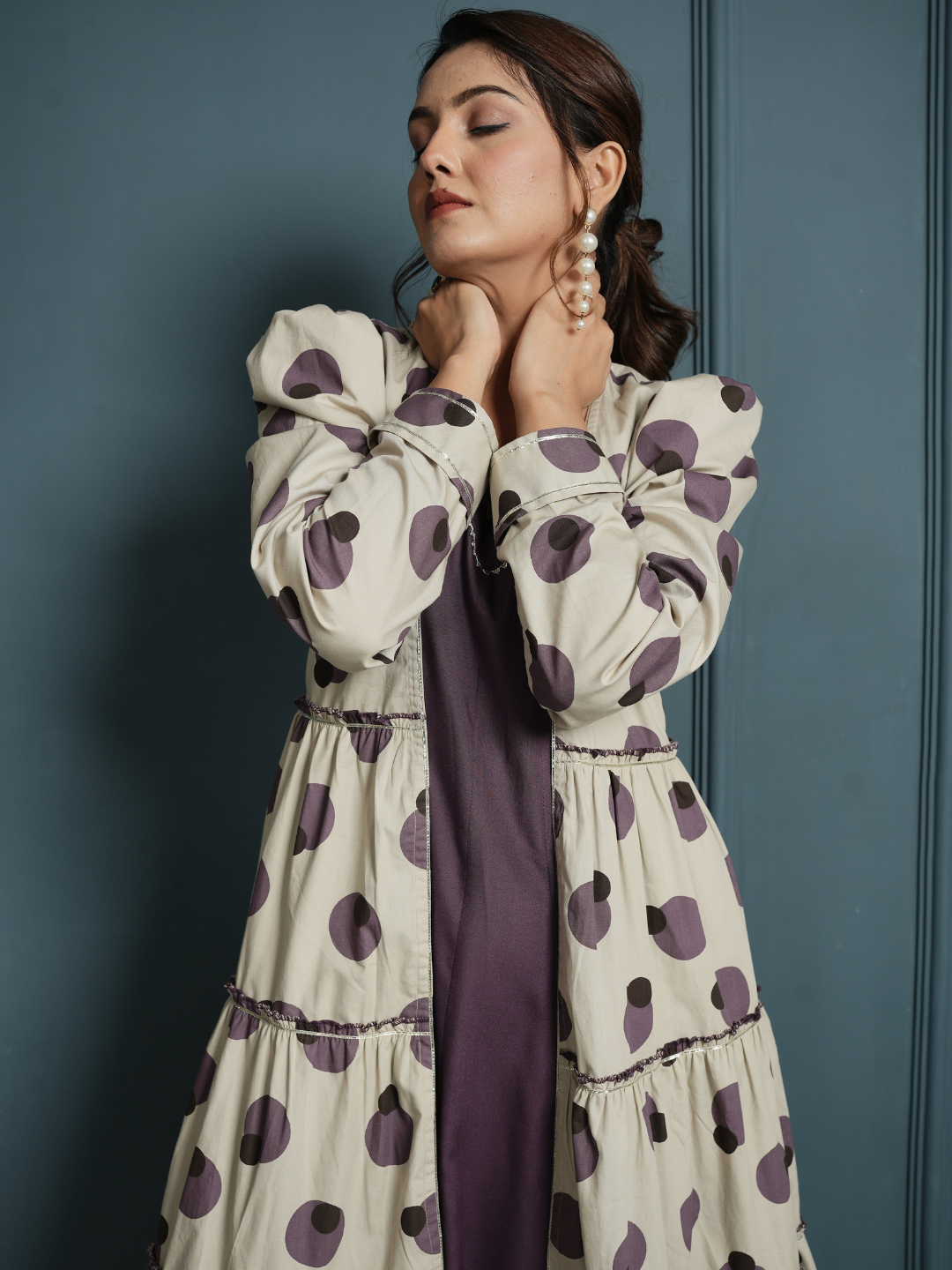 RAYON INNER DRESS WITH POPLIN BLOCK PRINT SHRUG