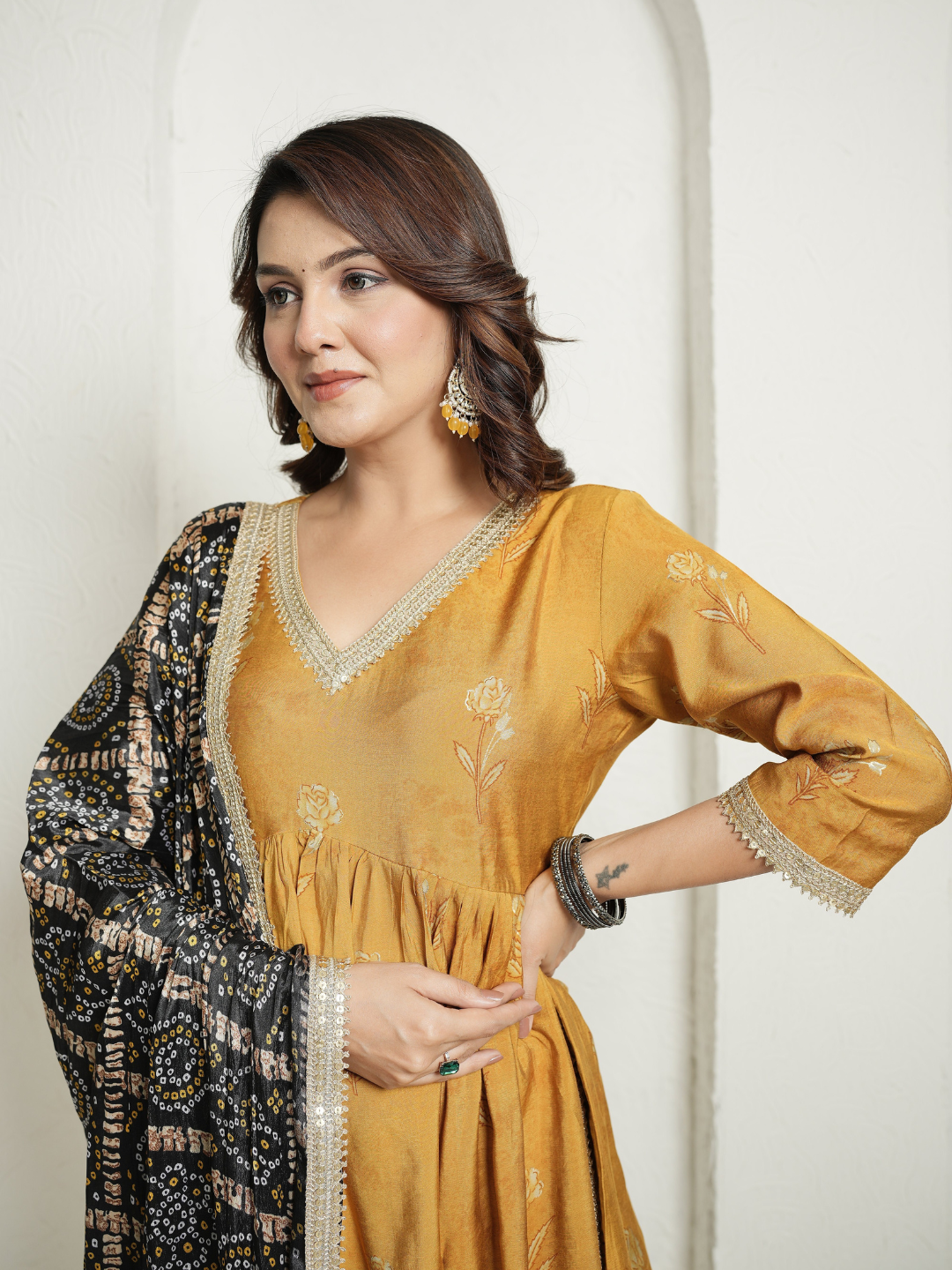 Muslin Yellow Anarkali  Kurta with Black Banhdej Dupatta