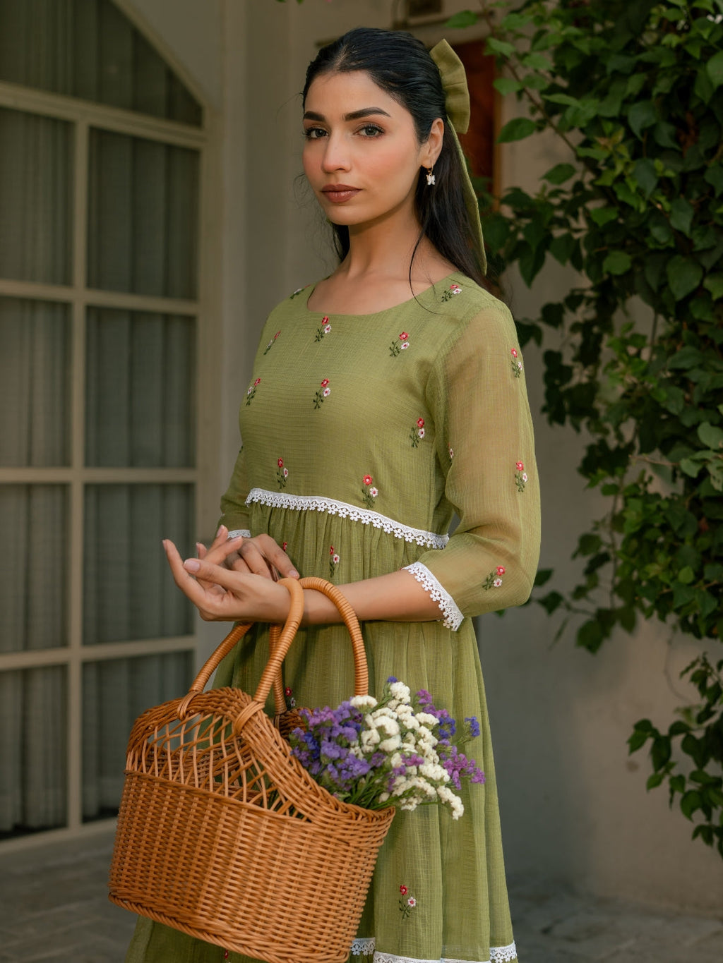 Mint Grace Dress in Kota Doriya Fabric with Embroidery
