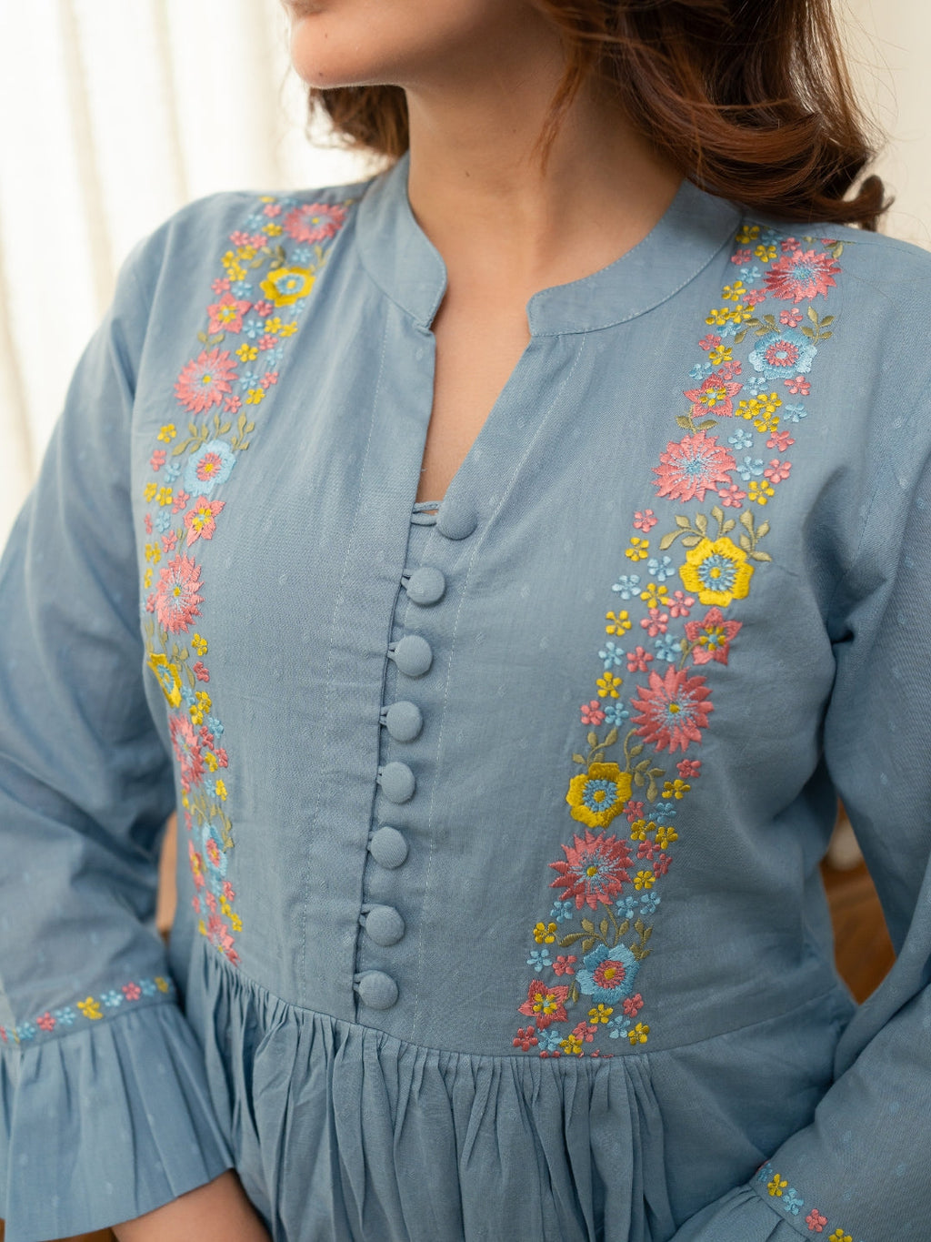 Dobby Blue Dress with Embroidery