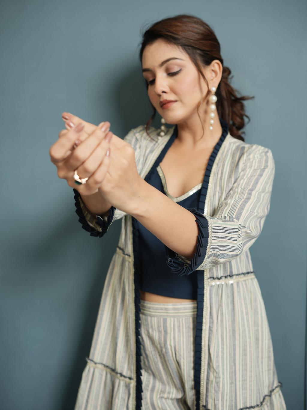 Indigo Crop Top And Pant with Cotton Linen Shrug