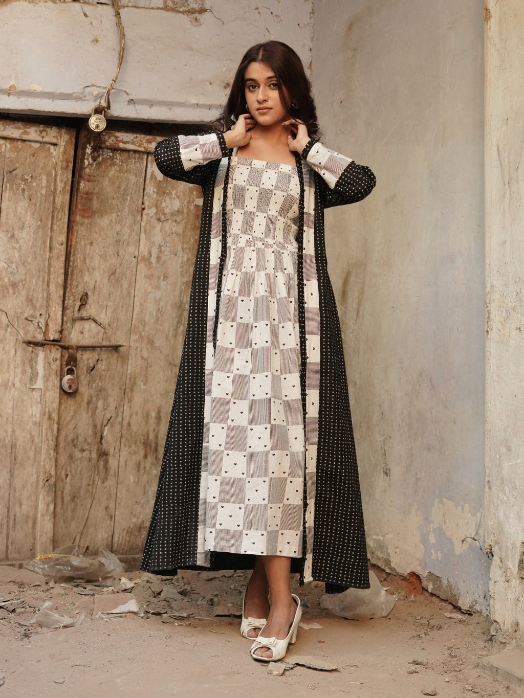 Heart Block Print Inner with Polka Dot Print Shrug