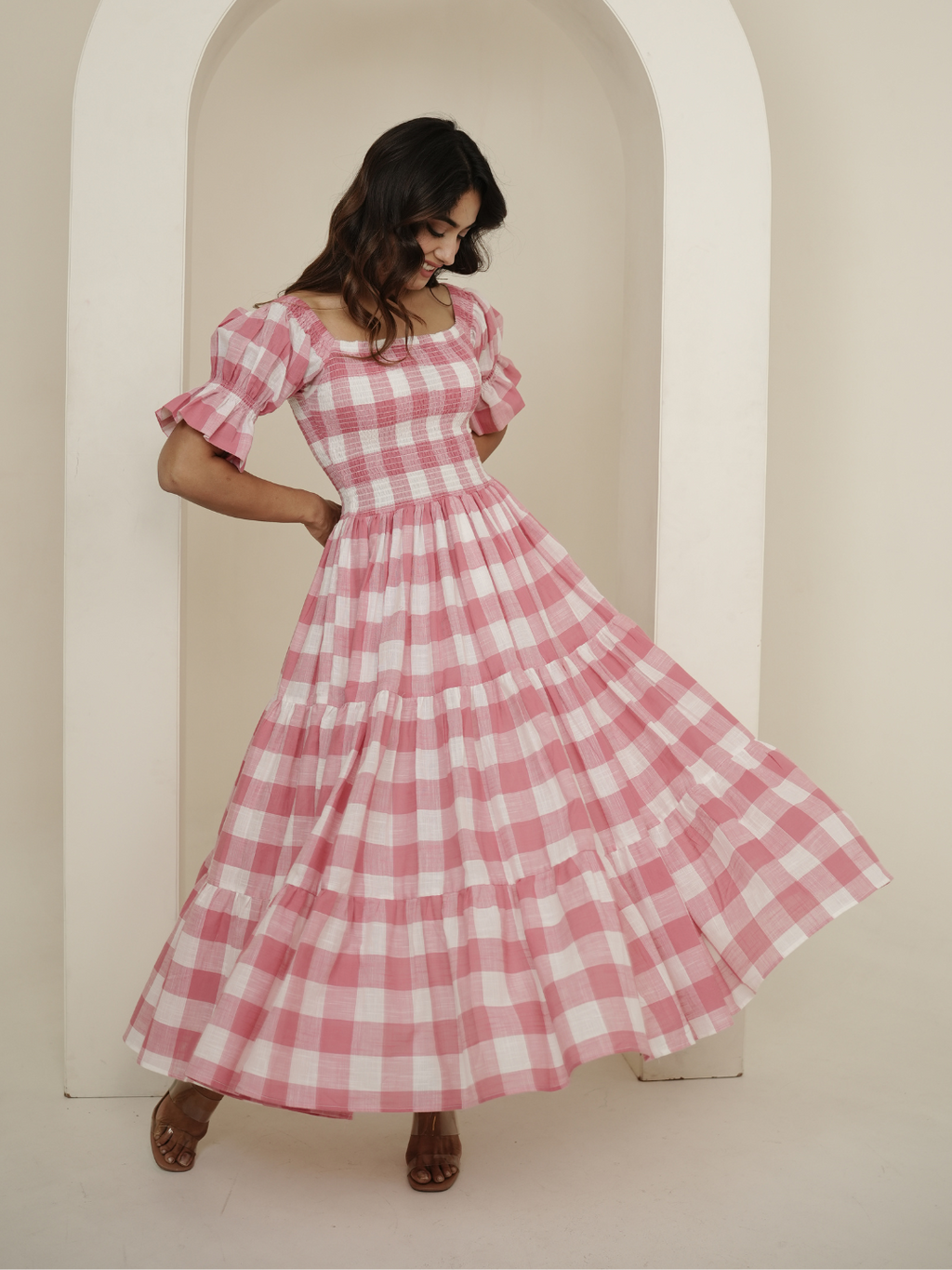 Pink Check Block Printed Dress