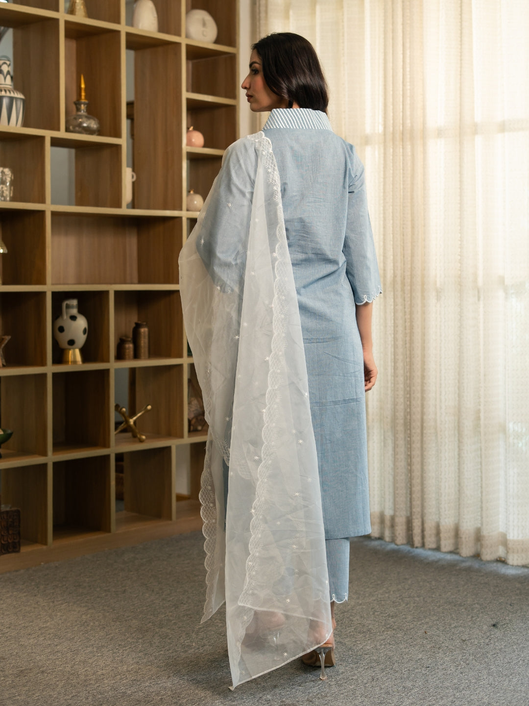 Chambray Embroidered Kurta Set with Dupatta and Pants