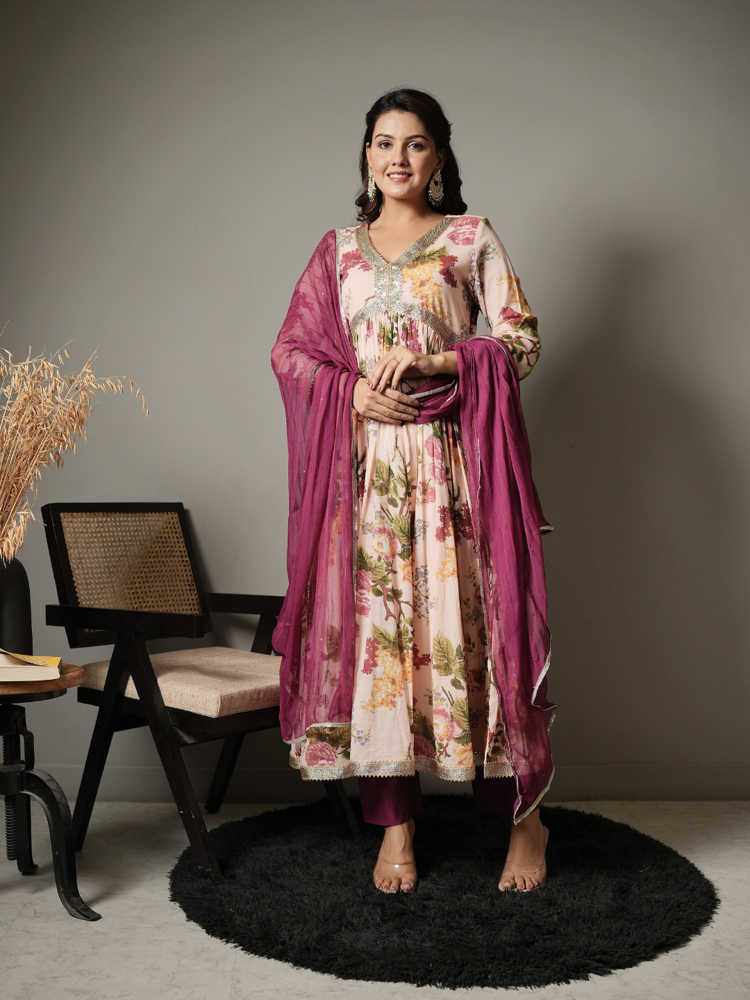 Floral Anarkali Kurta With Pants and Dupatta
