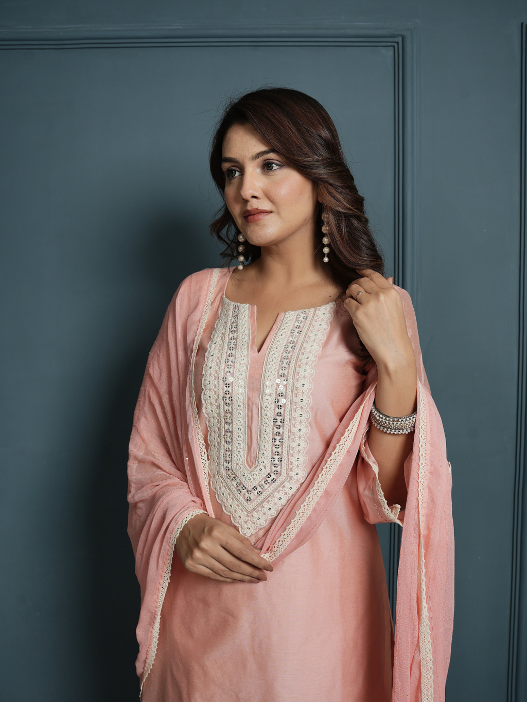 Pastel Pink Chanderi Kurta with Pants and Dupatta