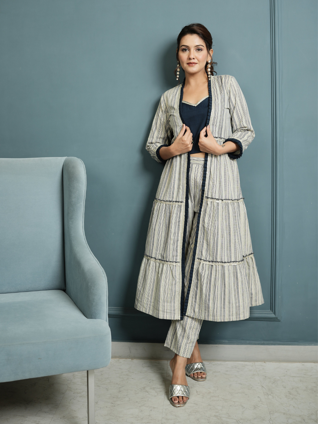 Indigo Crop Top And Pant with Cotton Linen Shrug