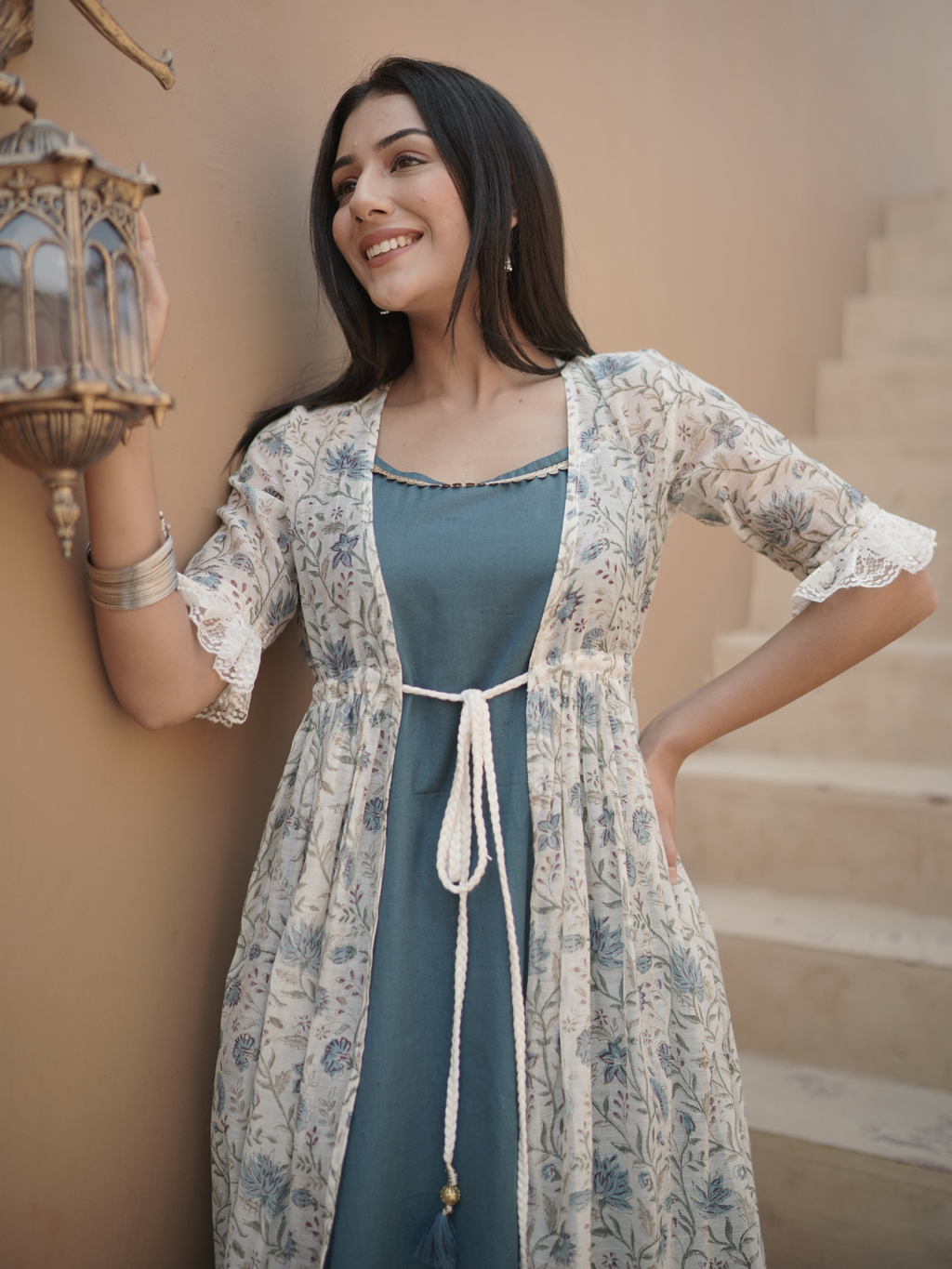 Chanderi Block Print Shrug with Inner Dress