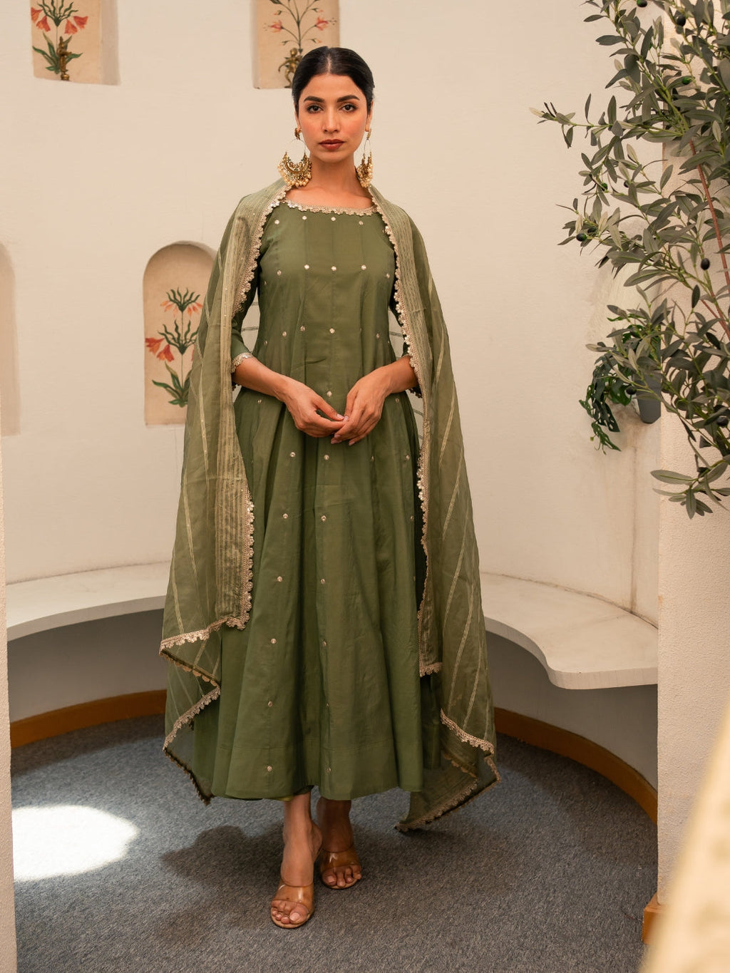 Green Chanderi Anarkali Kurta Set With Dupatta And Pants
