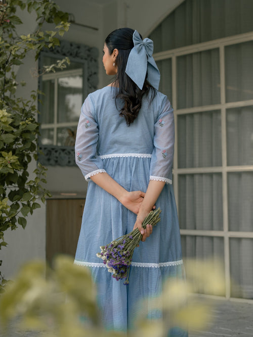 Blue Breeze Dress in Kota Doriya Fabric with Embroidery