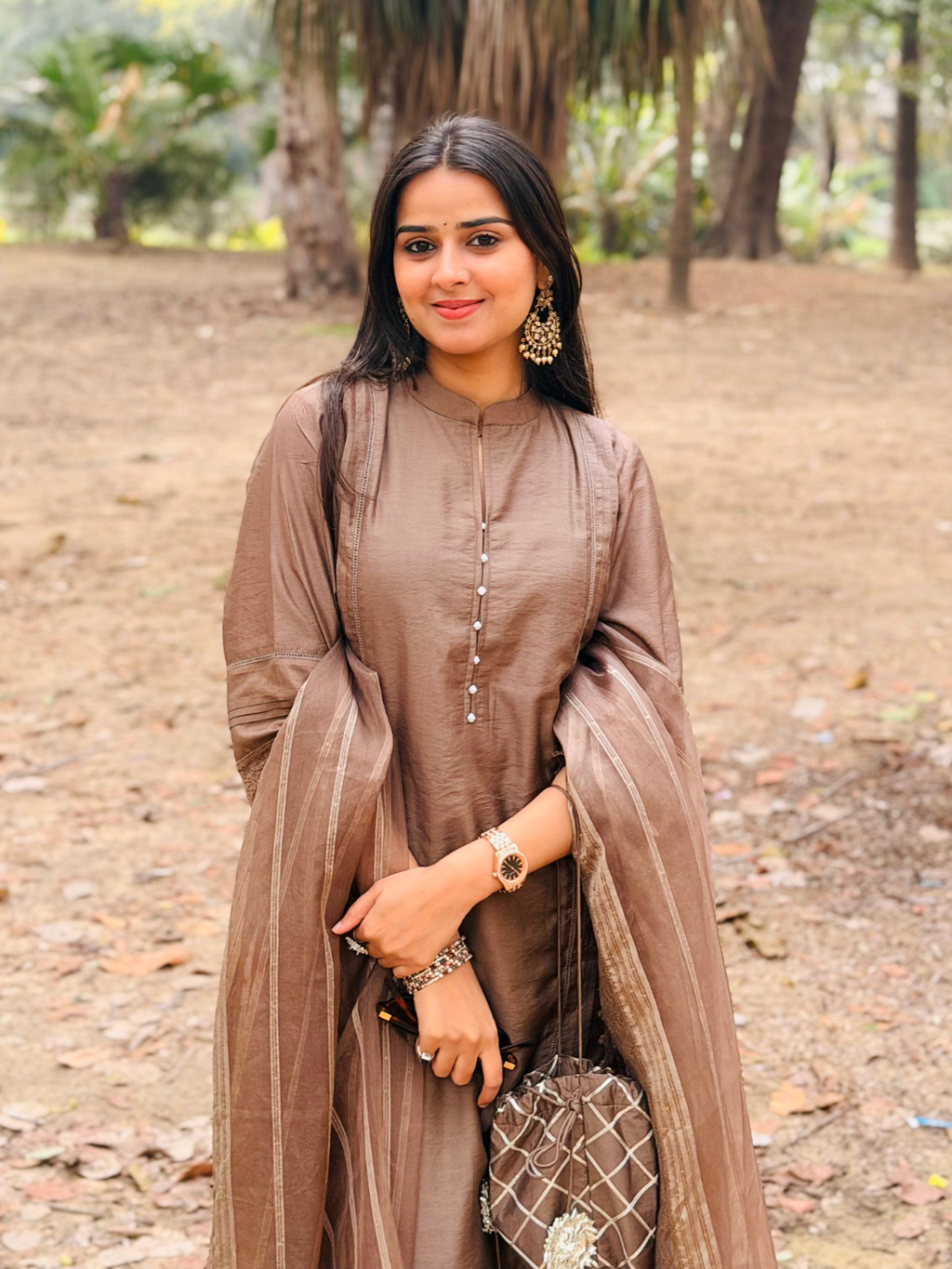 Brown Chanderi Kurta Set With Dupatta And Pants