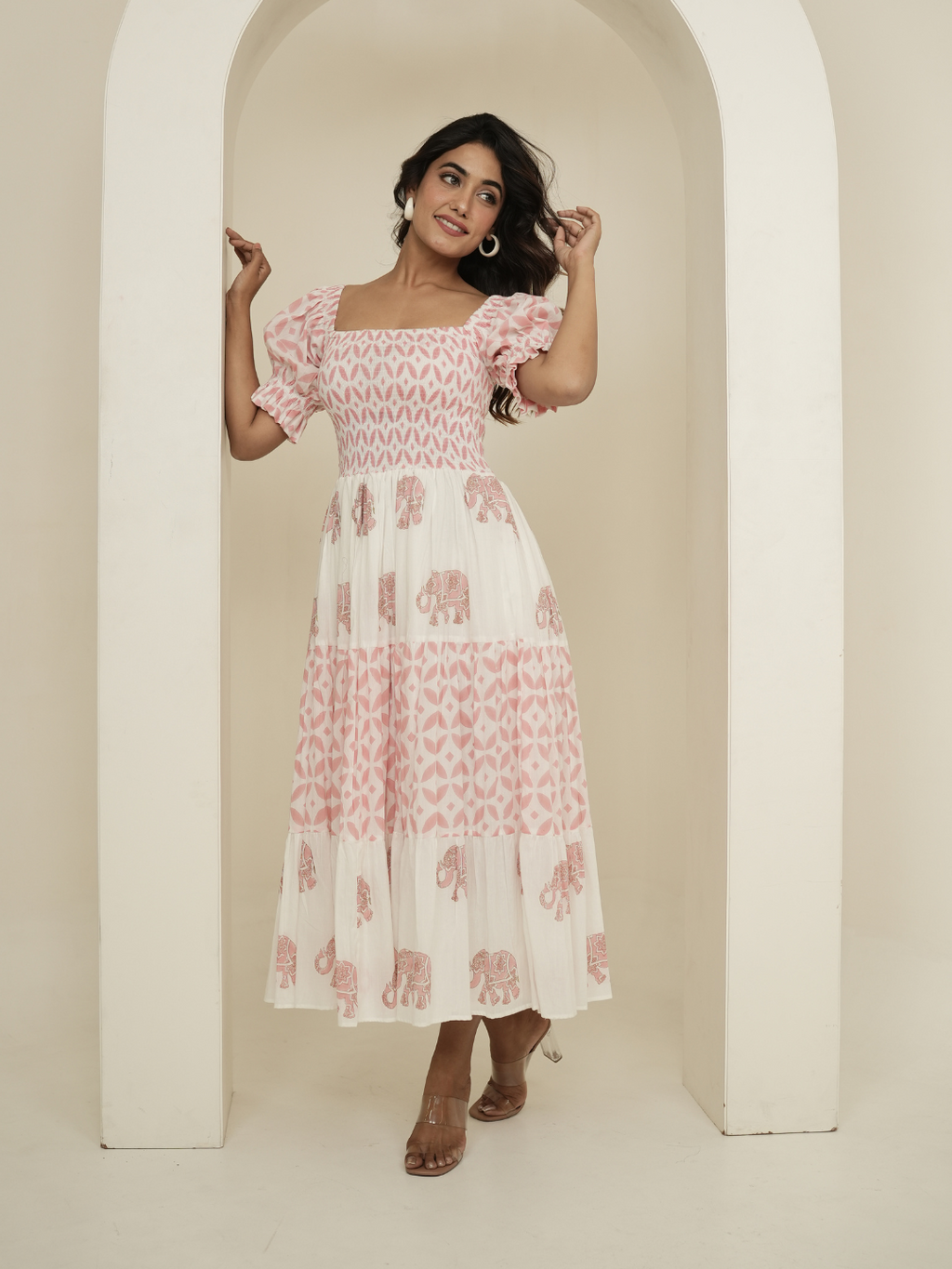 Pastel Pink and White Block Printed Dress