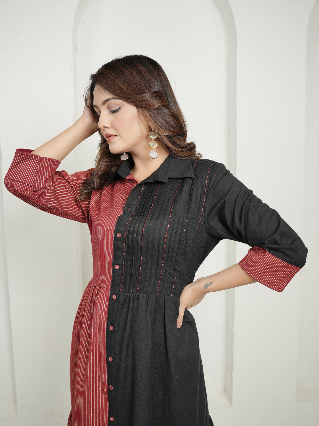 Red Block Print and Black Dress with Detailing