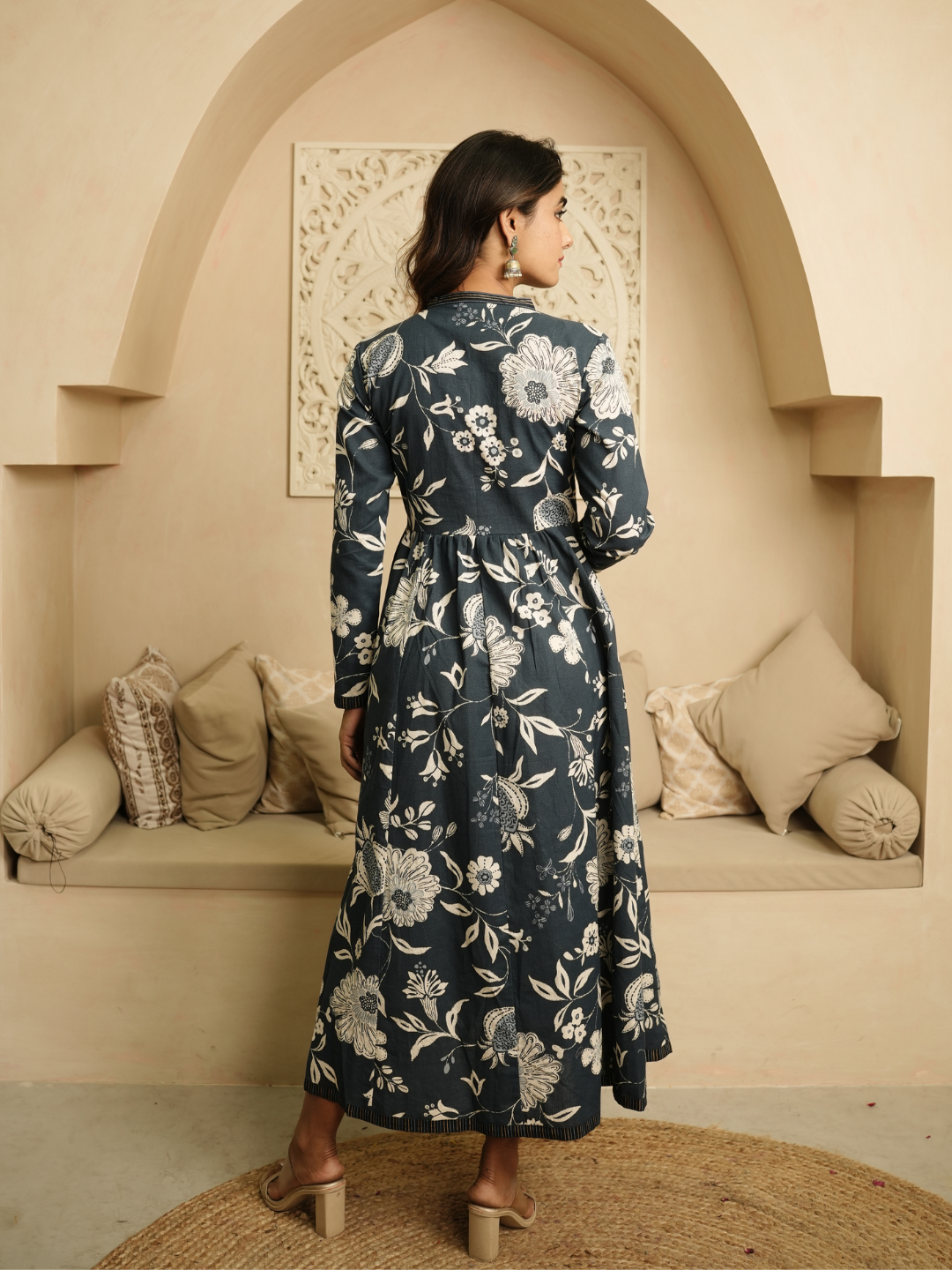 Blue and Beige Block Print Cotton Dress
