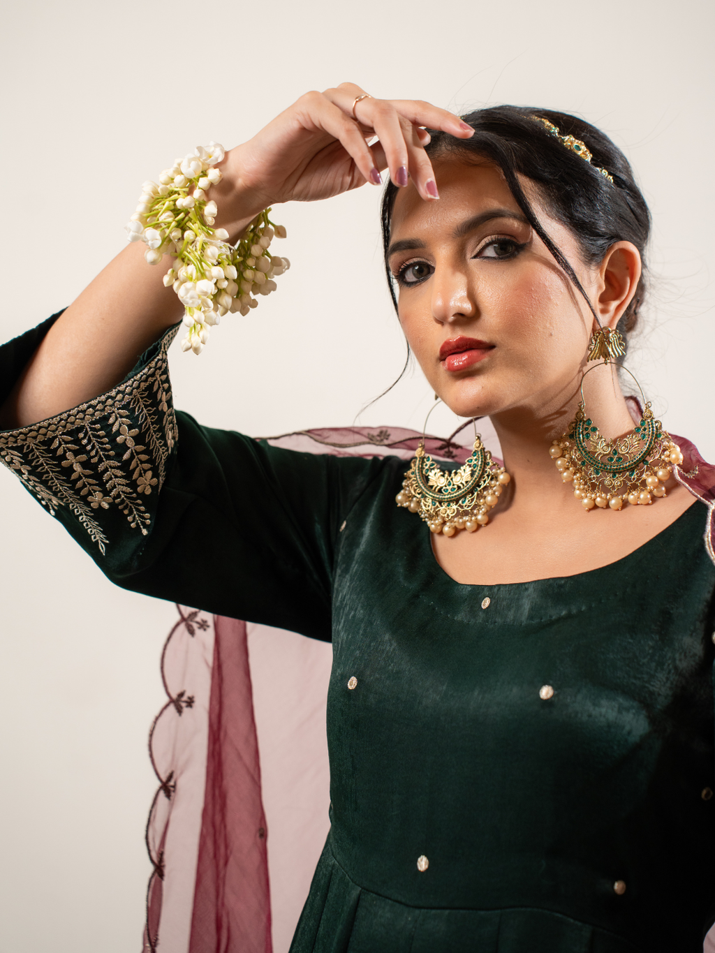 Velvet Satin Green Anarkali With Dupatta And Pants