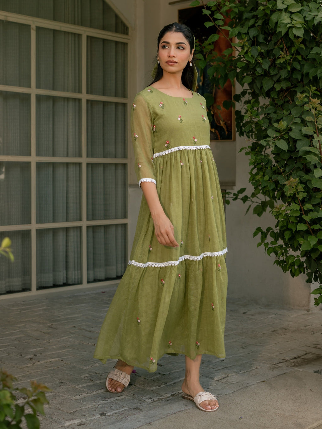 Mint Grace Dress in Kota Doriya Fabric with Embroidery