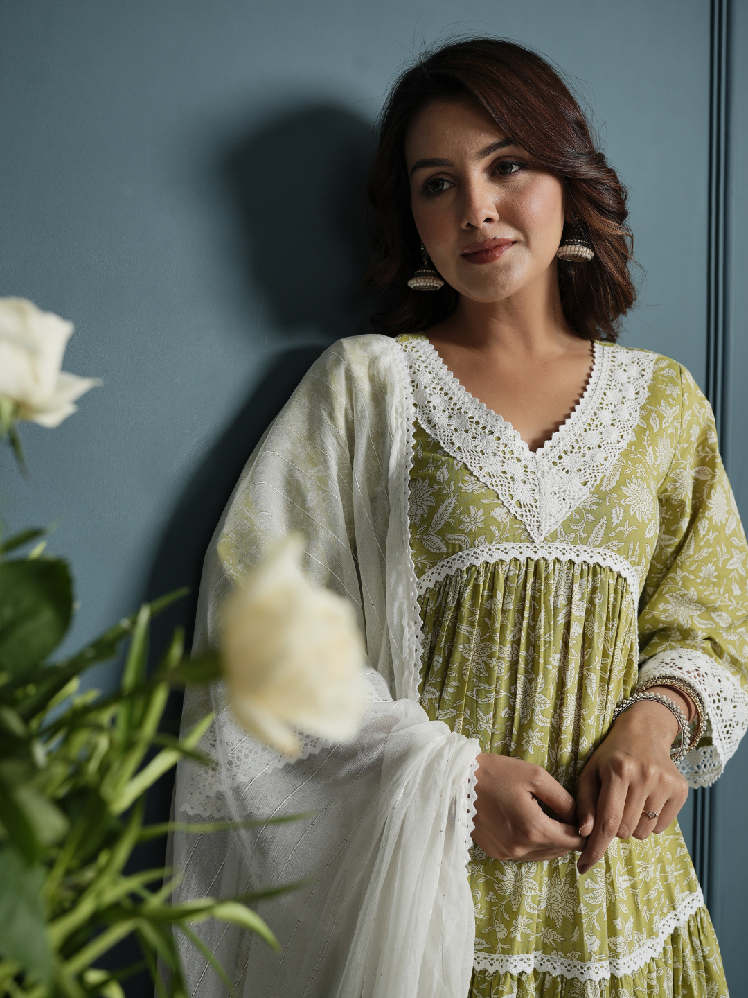Green White Lace Anarkali Kurta with Pants And Dupatta