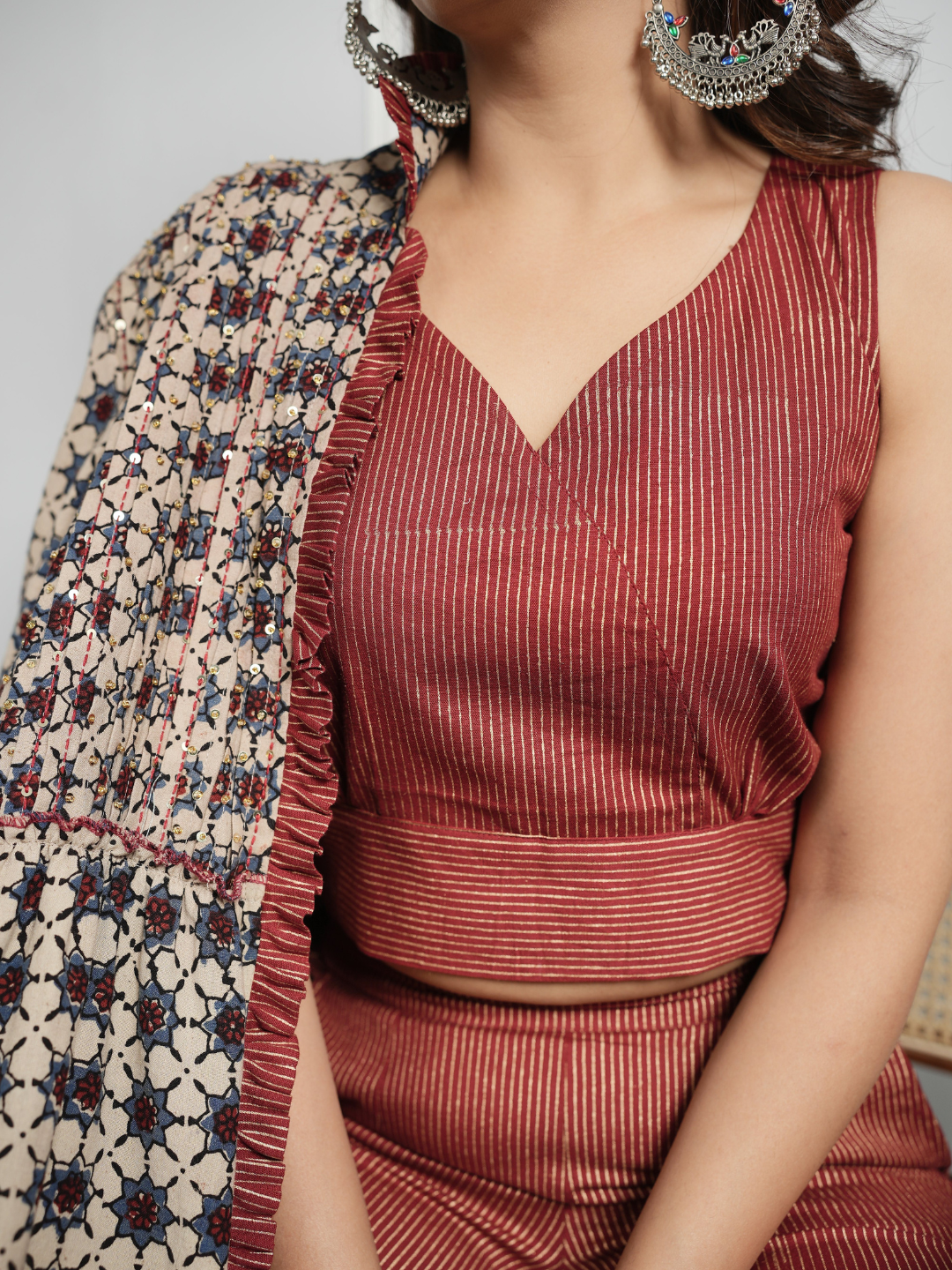 Cotton Linen Co-ord Set with Block Print Ajrakh Shrug