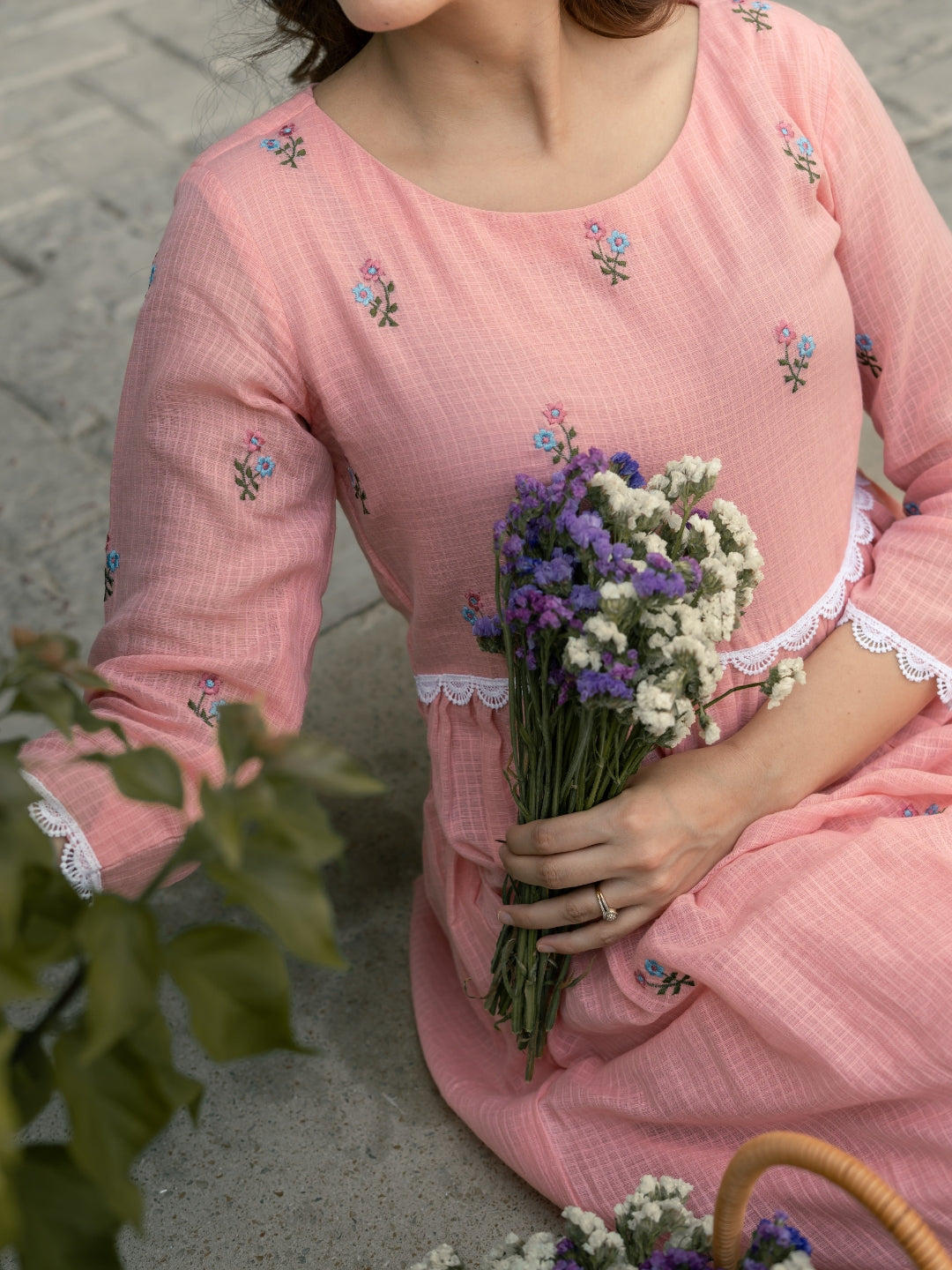 Pink Mist Dress in Kota Doriya Fabric with Embroidery