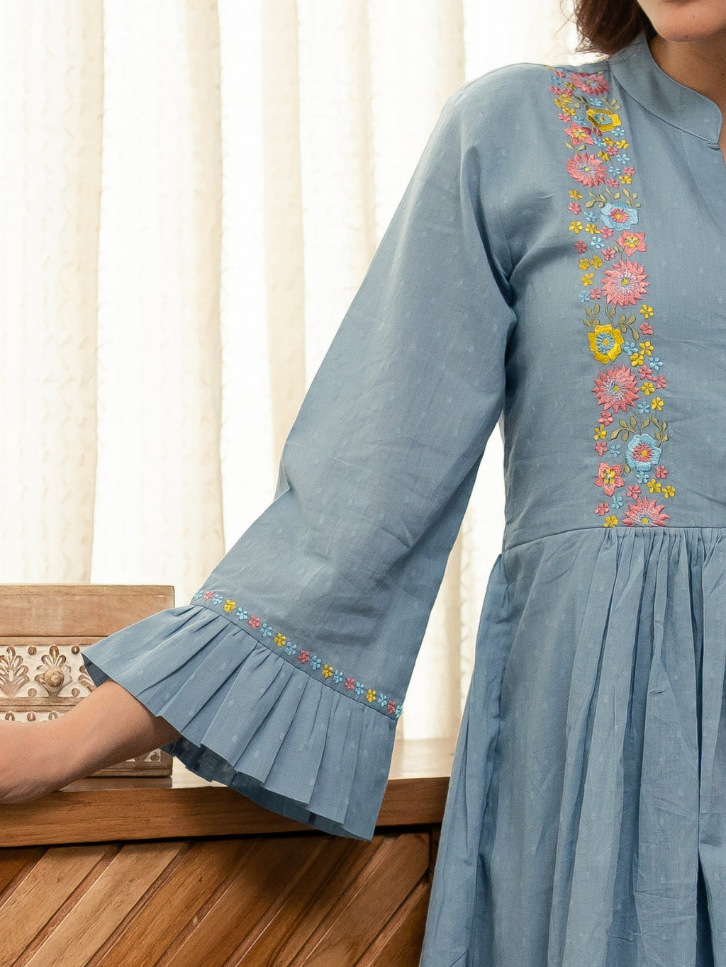 Dobby Blue Dress with Embroidery