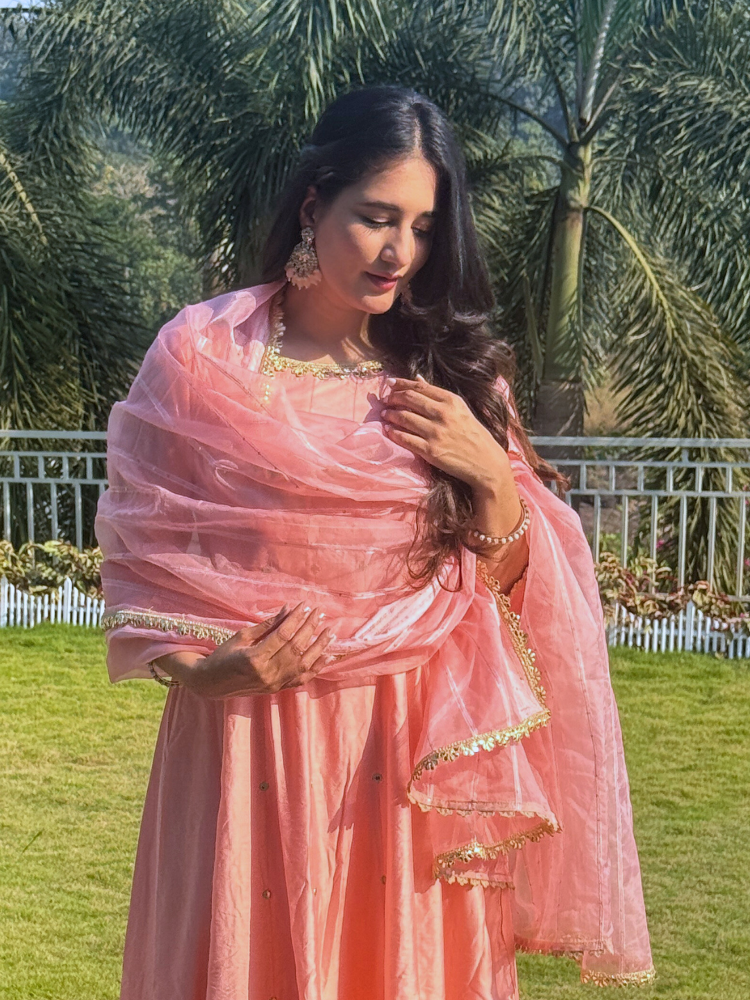 Pink Chanderi Anarkali  Kurta Set With Organza Dupatta