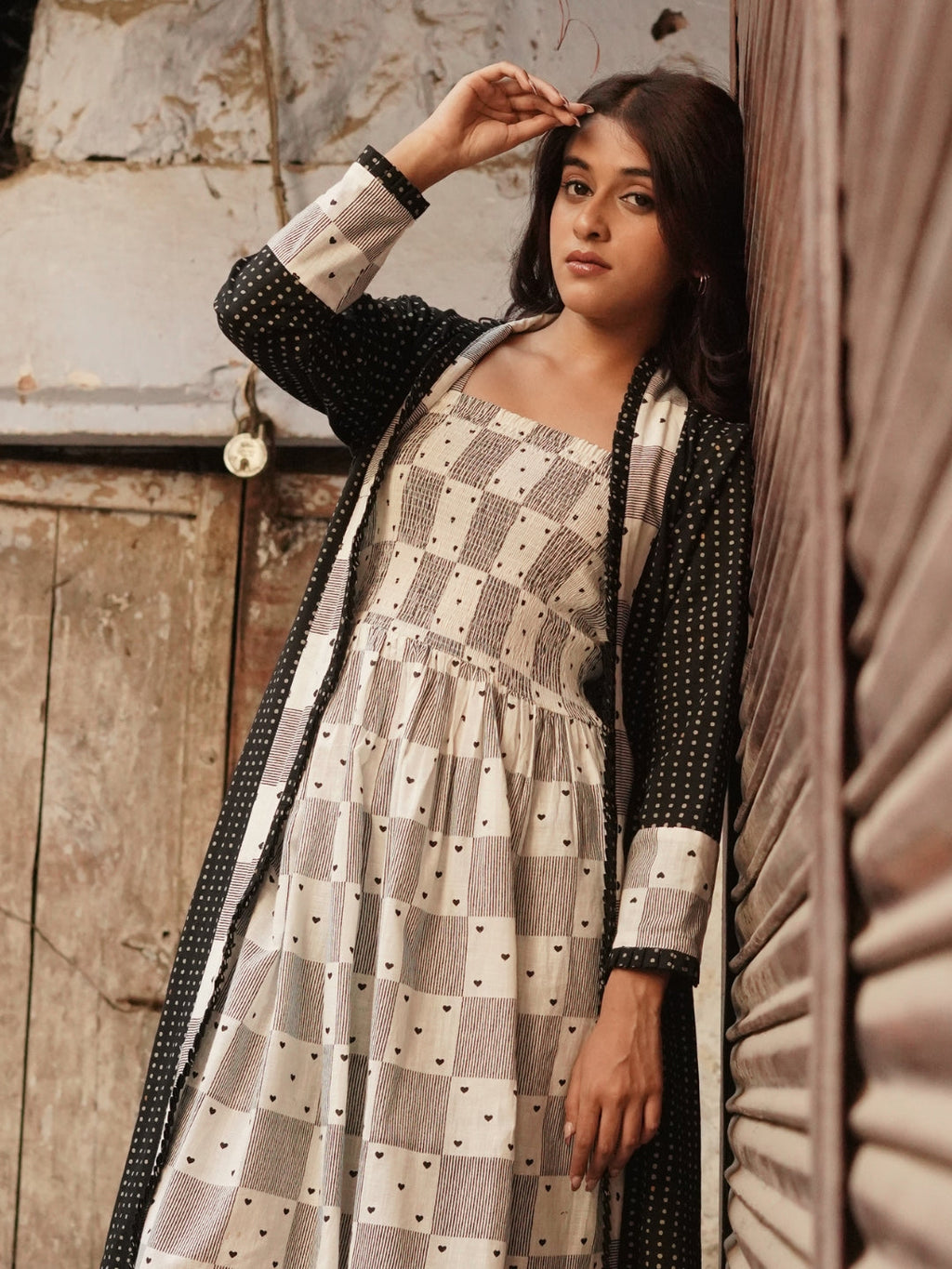 Heart Block Print Inner with Polka Dot Print Shrug